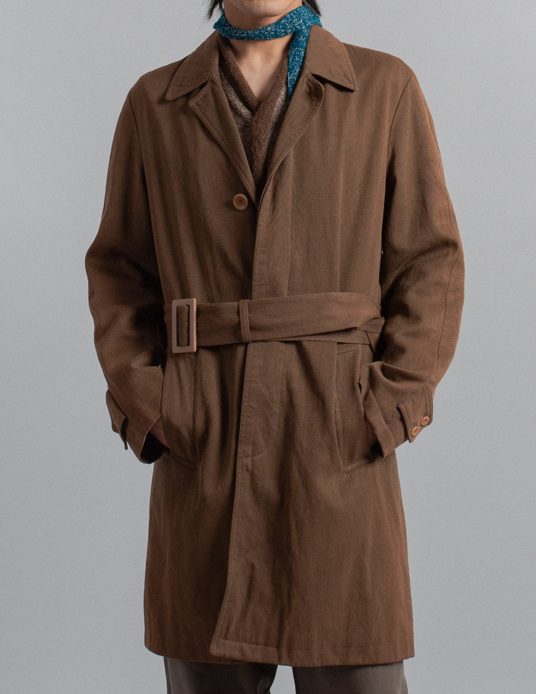Dries Van Noten brown linen and wool belted trench
