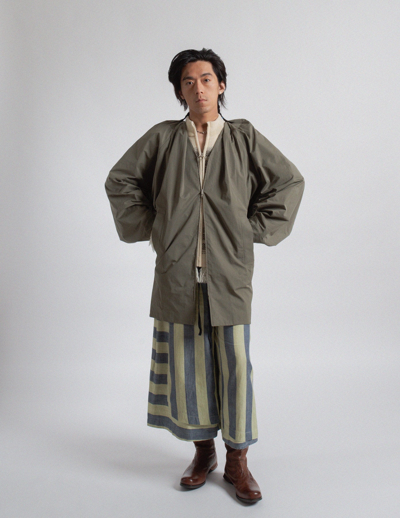 Dries Van Noten olive-toned sculptural cocoon jacket