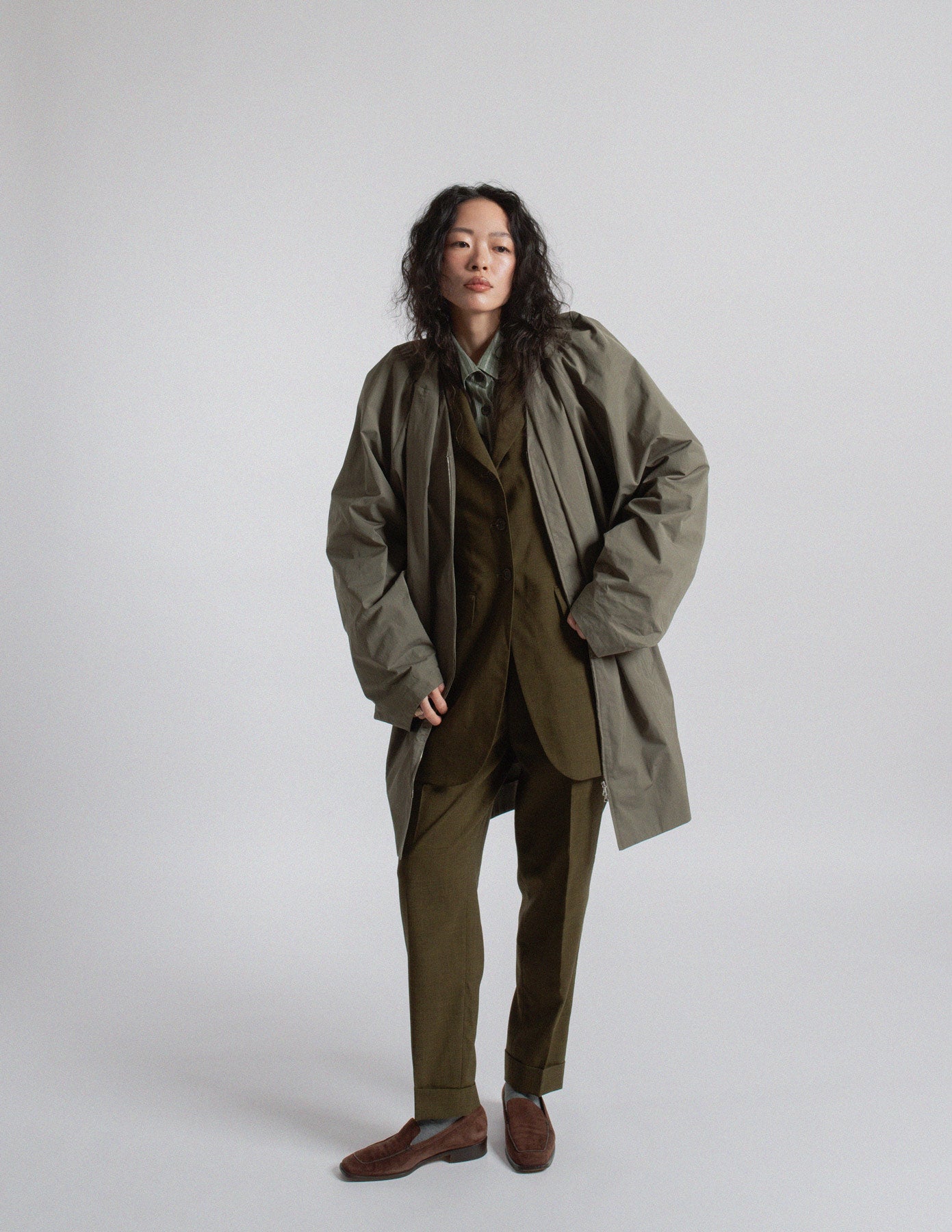 Dries Van Noten olive-toned sculptural cocoon jacket