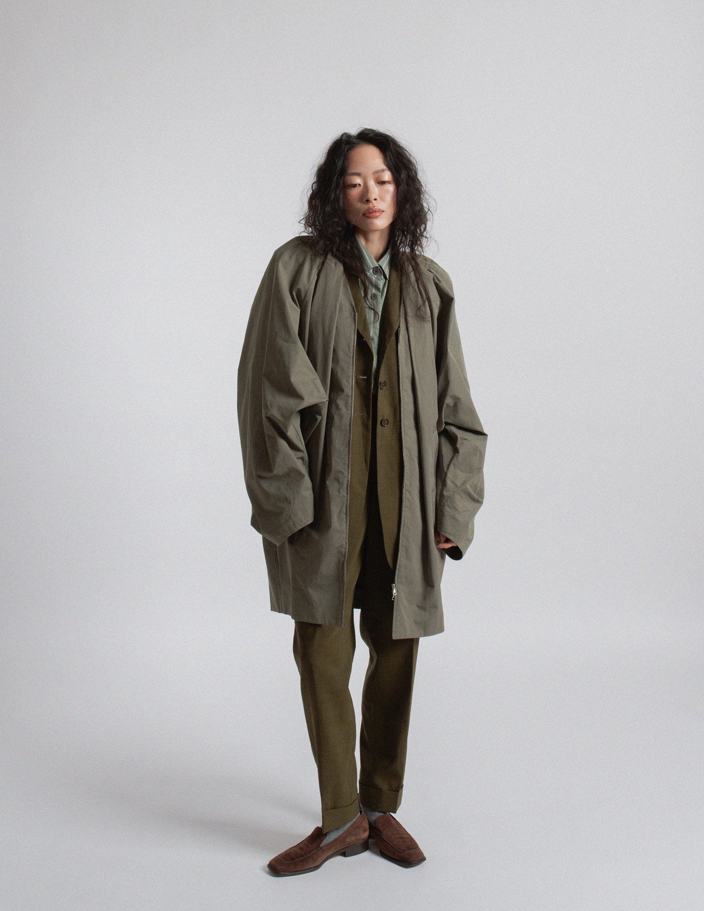 Dries Van Noten olive-toned sculptural cocoon jacket