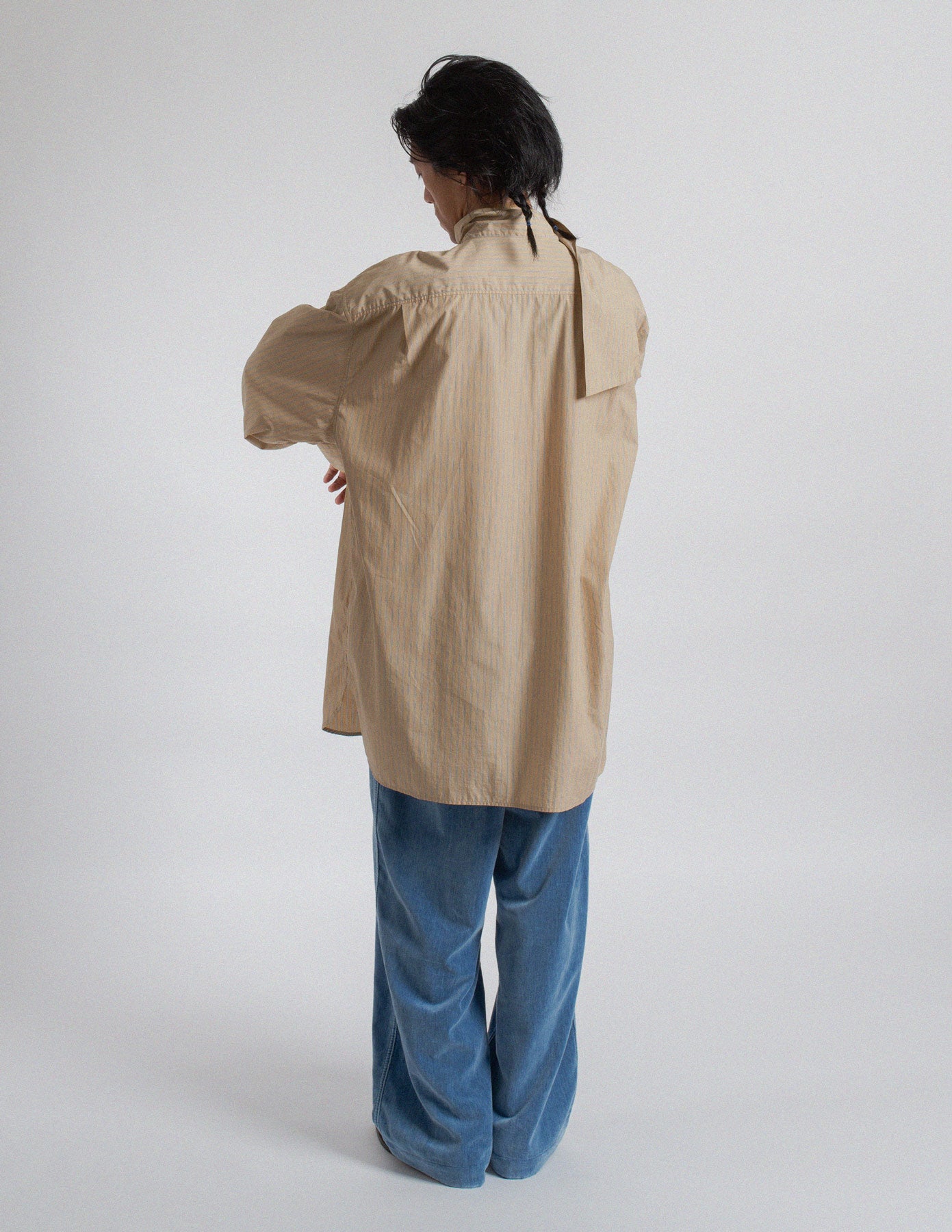 Dries Van Noten oversized beige stripe shirt with neck tie back view