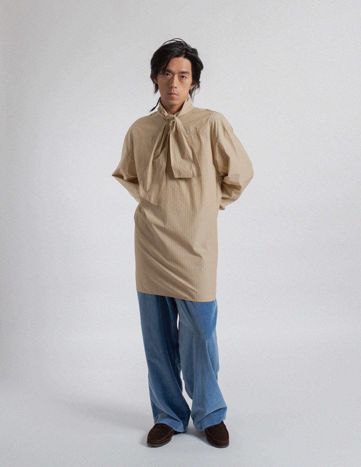 Dries Van Noten oversized beige stripe shirt with neck tie