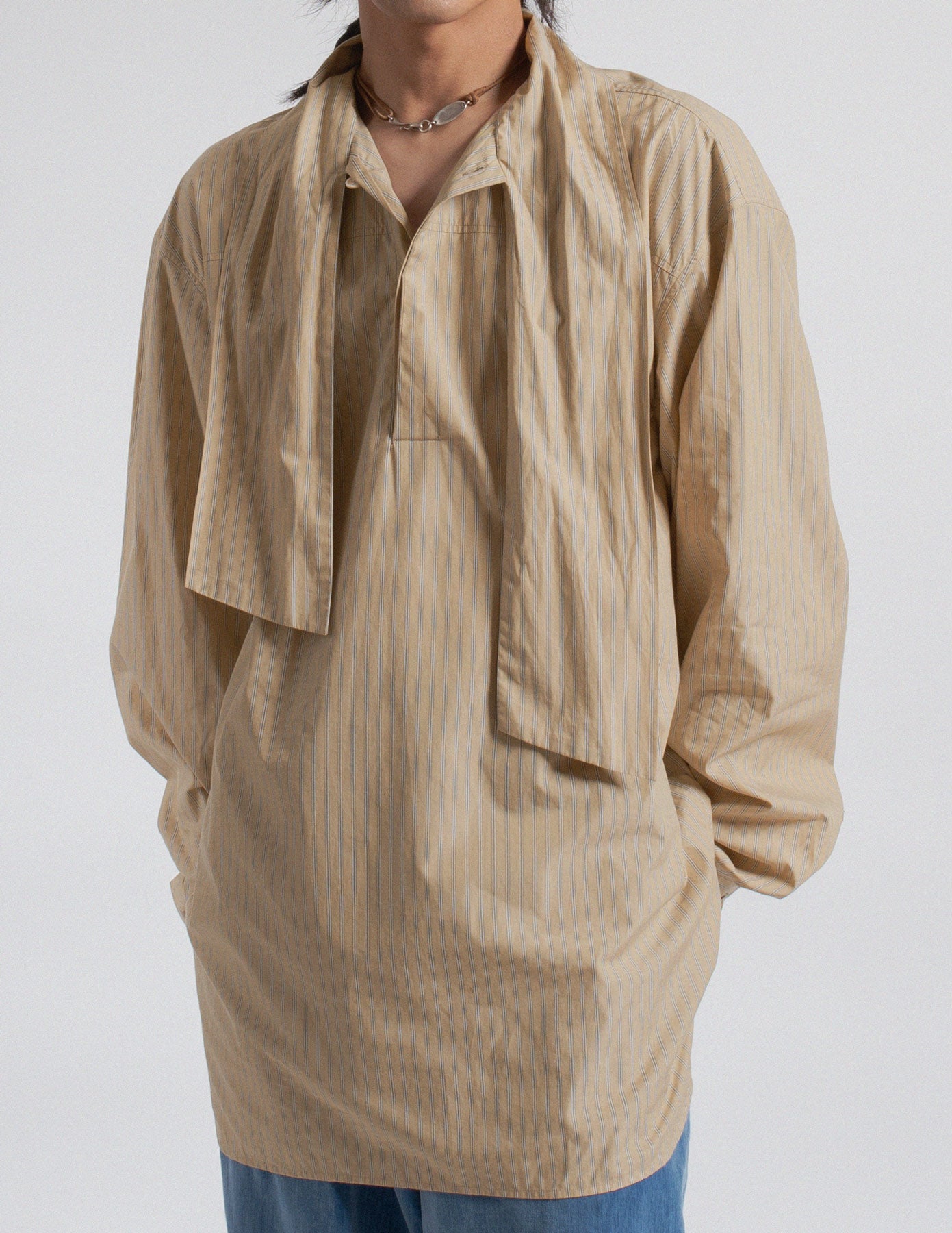 Dries Van Noten oversized beige stripe shirt with neck tie front detail