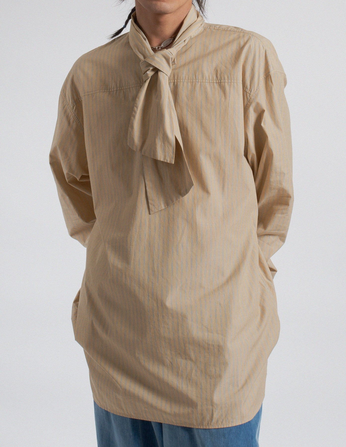 Dries Van Noten oversized beige stripe shirt with neck tie front detail