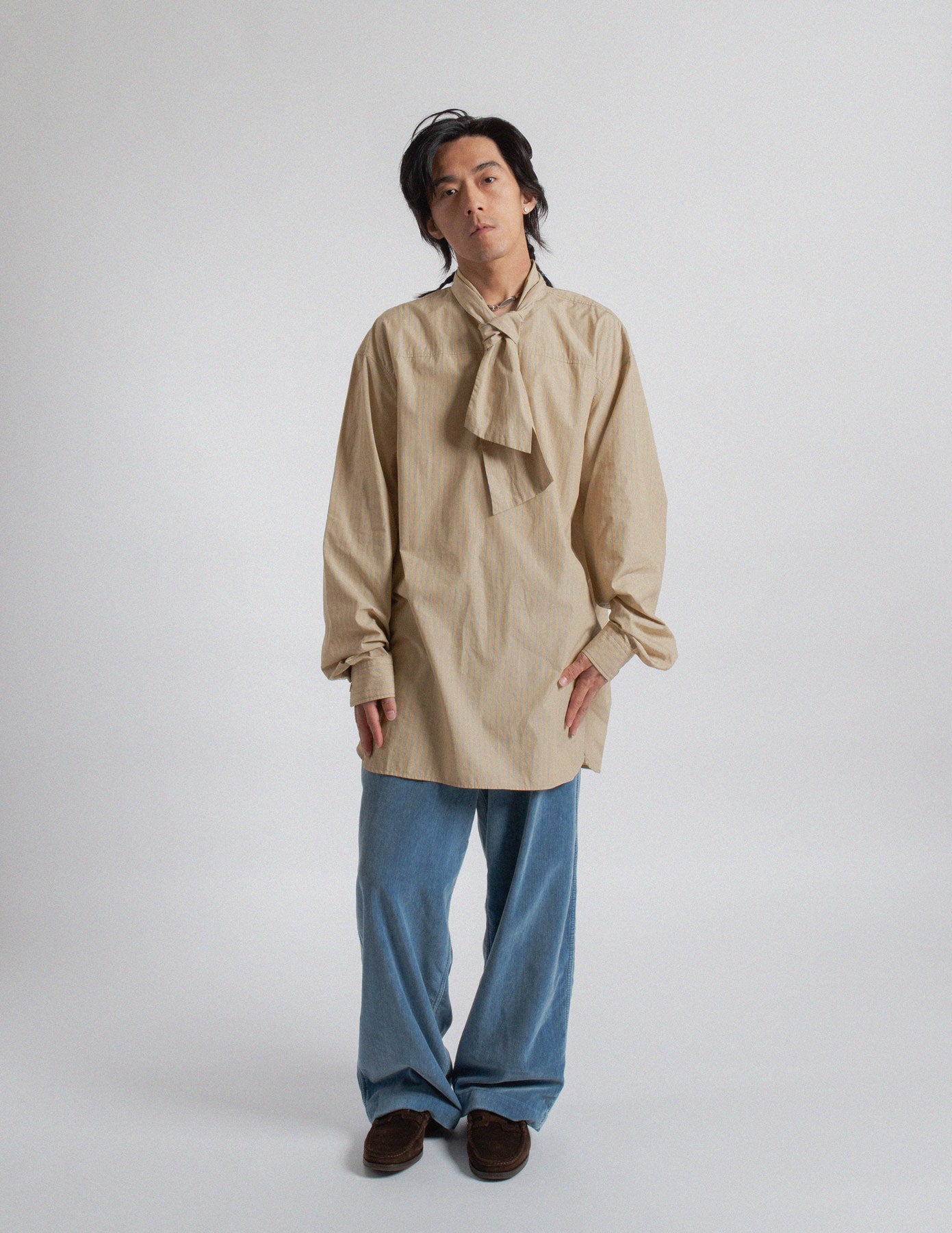 Dries Van Noten oversized beige stripe shirt with neck tie
