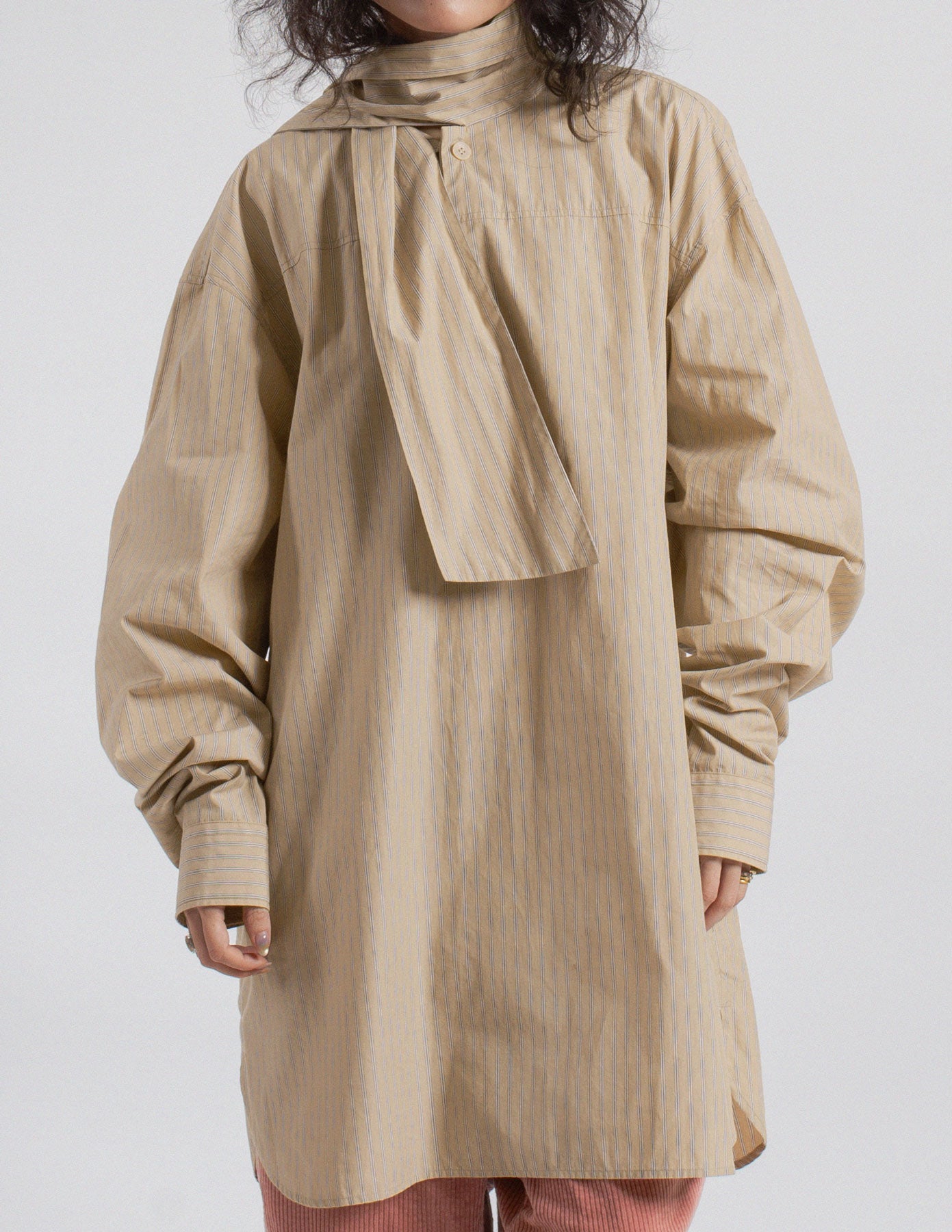 Dries Van Noten oversized beige stripe shirt with neck tie front detail