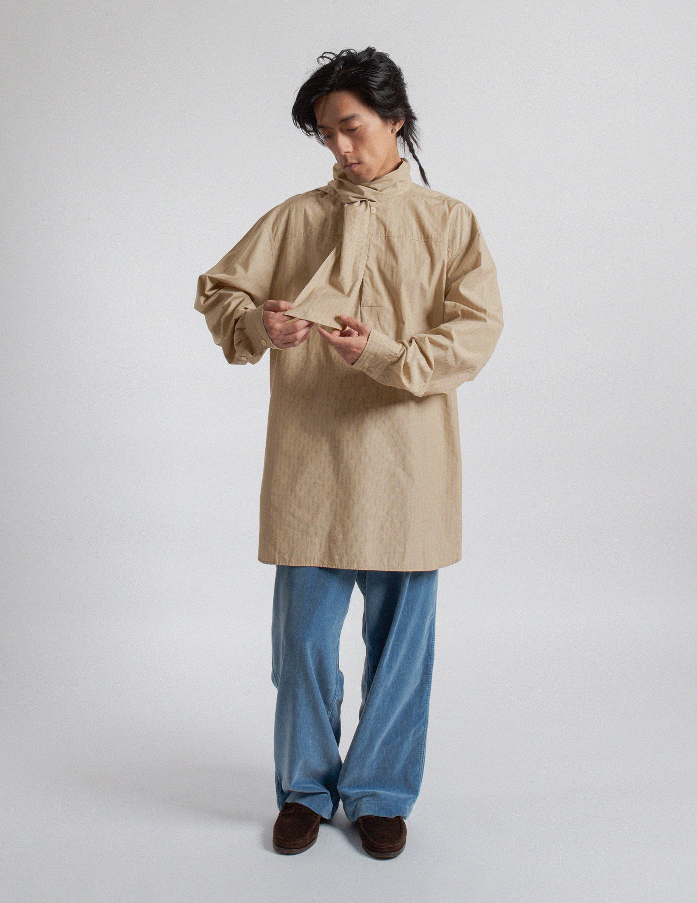 Dries Van Noten oversized beige stripe shirt with neck tie