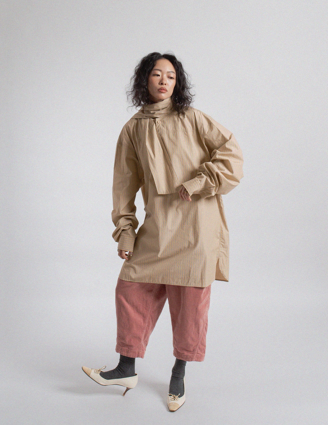 Dries Van Noten oversized beige stripe shirt with neck tie