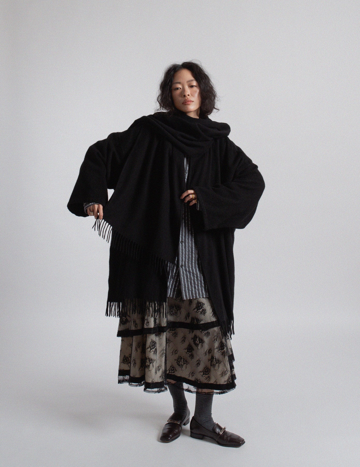 Salvatore Ferragamo vintage black cashmere fringe-trim cape coat with scarf