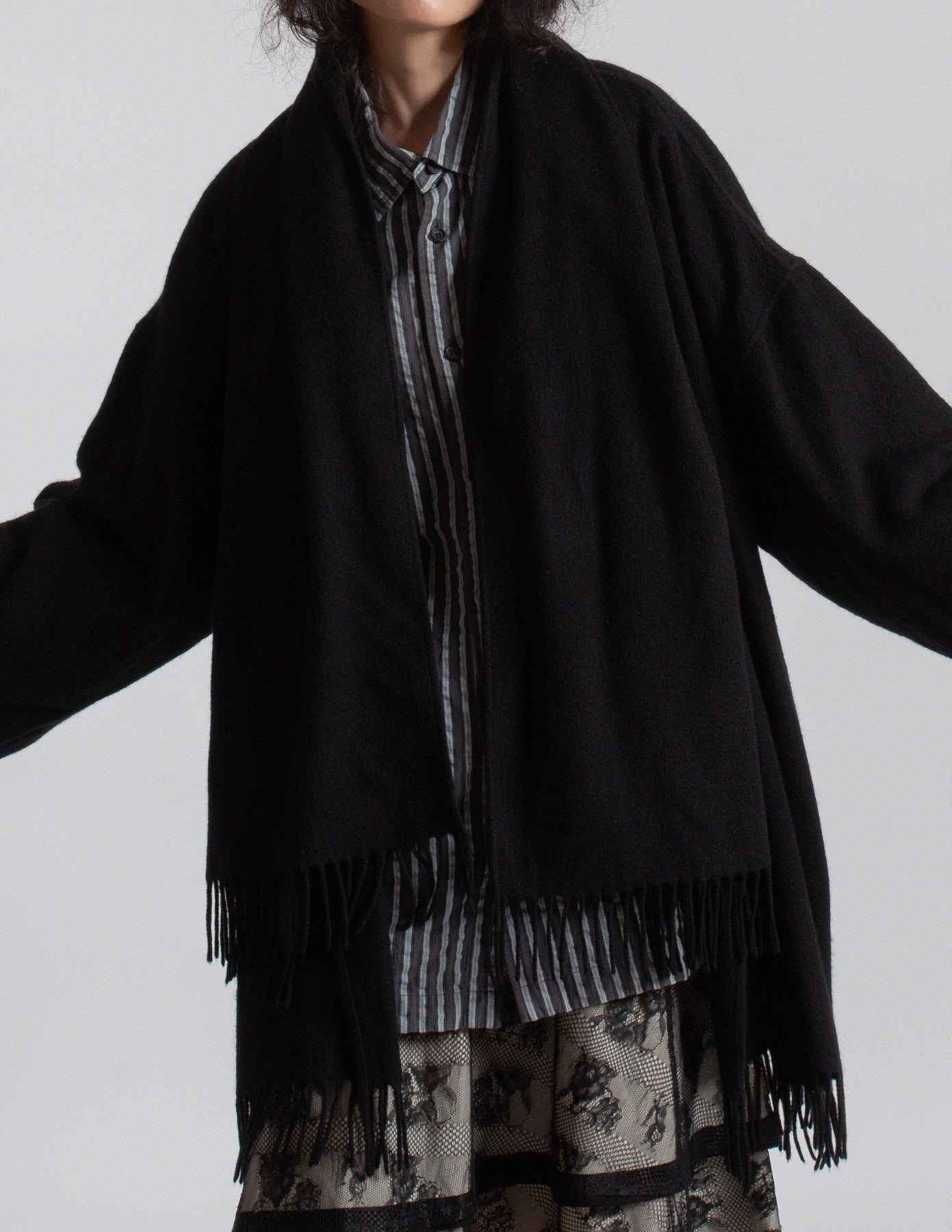 Salvatore Ferragamo vintage black cashmere fringe-trim cape coat with scarf front detail