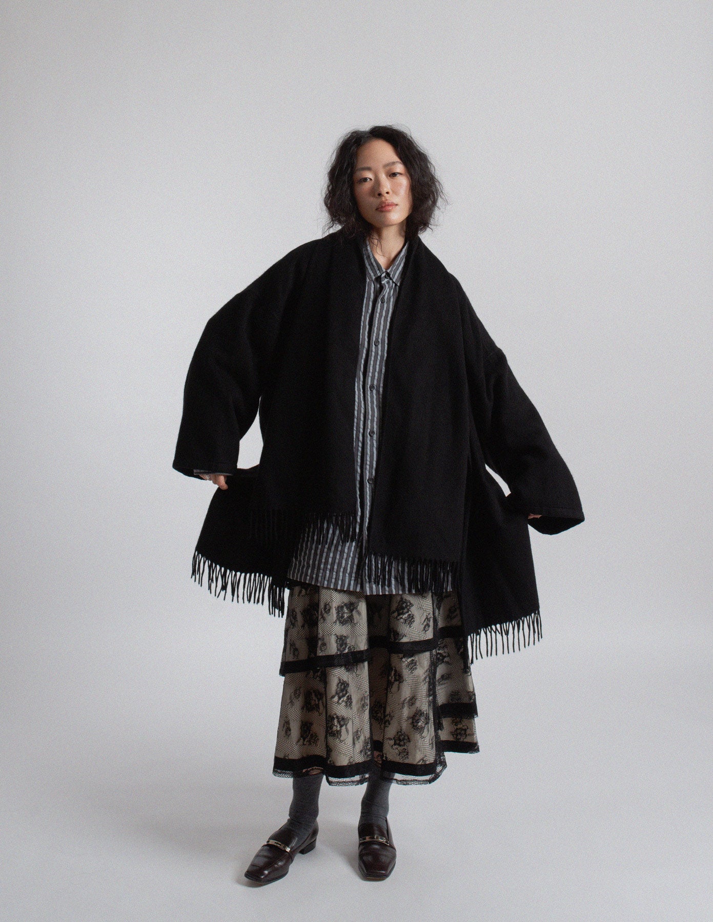 Salvatore Ferragamo vintage black cashmere fringe-trim cape coat with scarf