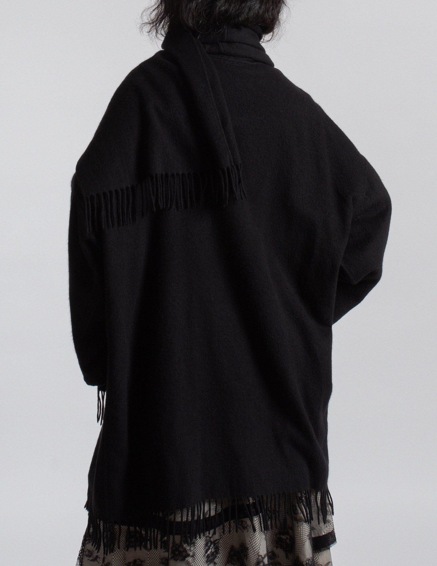 Salvatore Ferragamo vintage black cashmere fringe-trim cape coat with scarf back detail