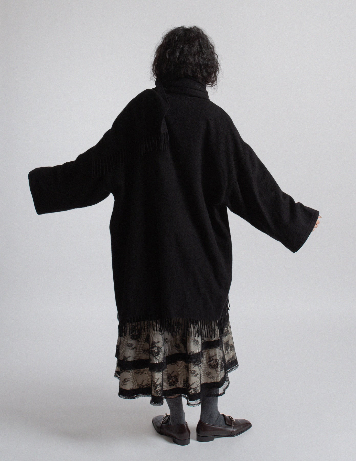 Salvatore Ferragamo vintage black cashmere fringe-trim cape coat with scarf back view