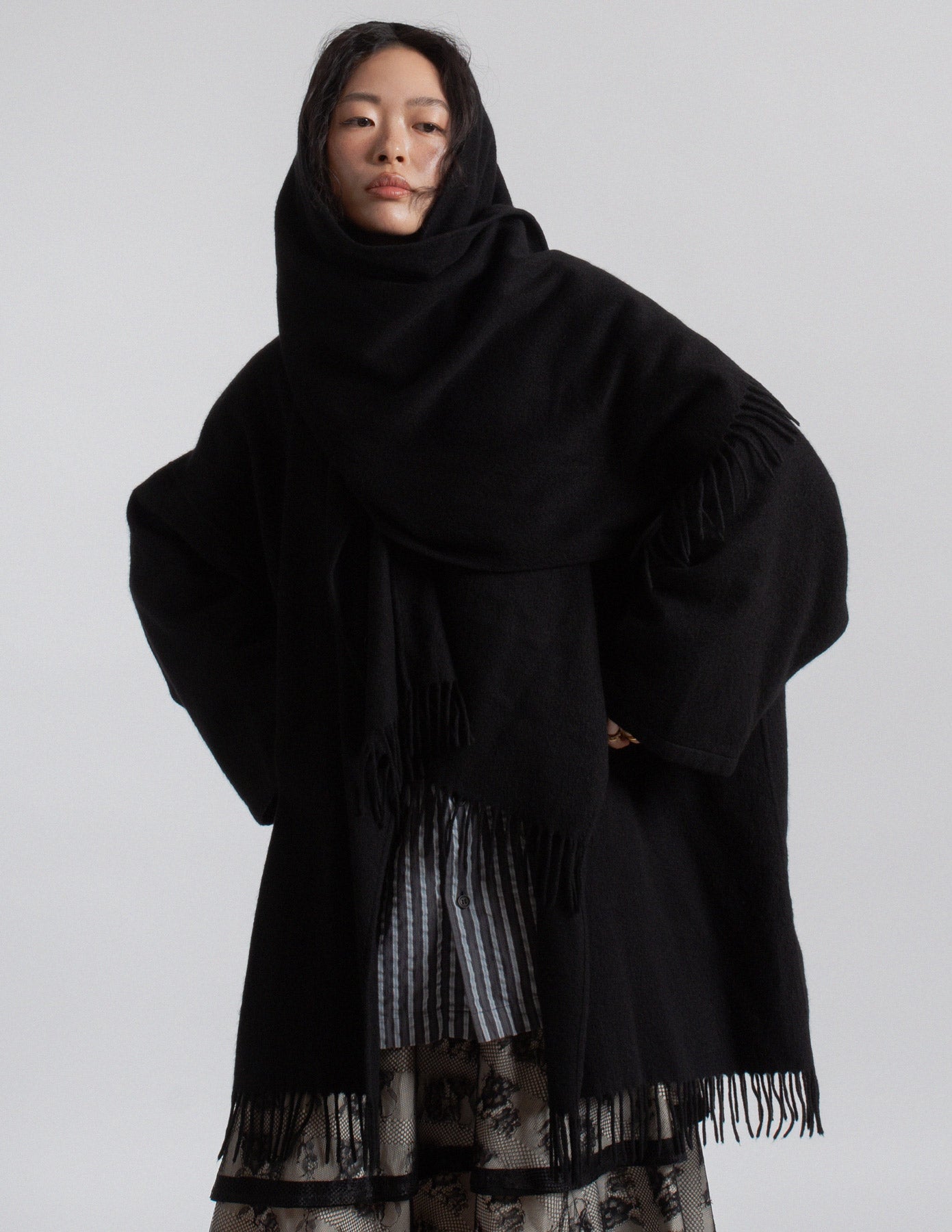 Salvatore Ferragamo vintage black cashmere fringe-trim cape coat with scarf detail