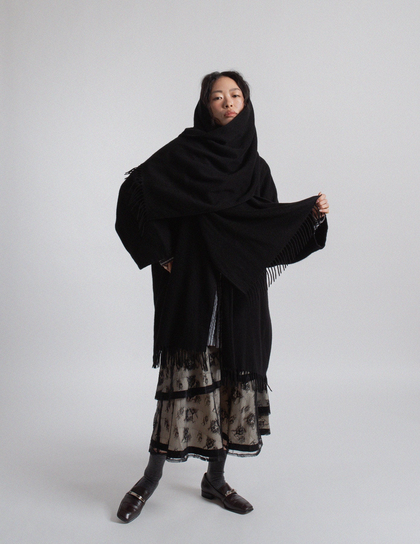 Salvatore Ferragamo vintage black cashmere fringe-trim cape coat with scarf