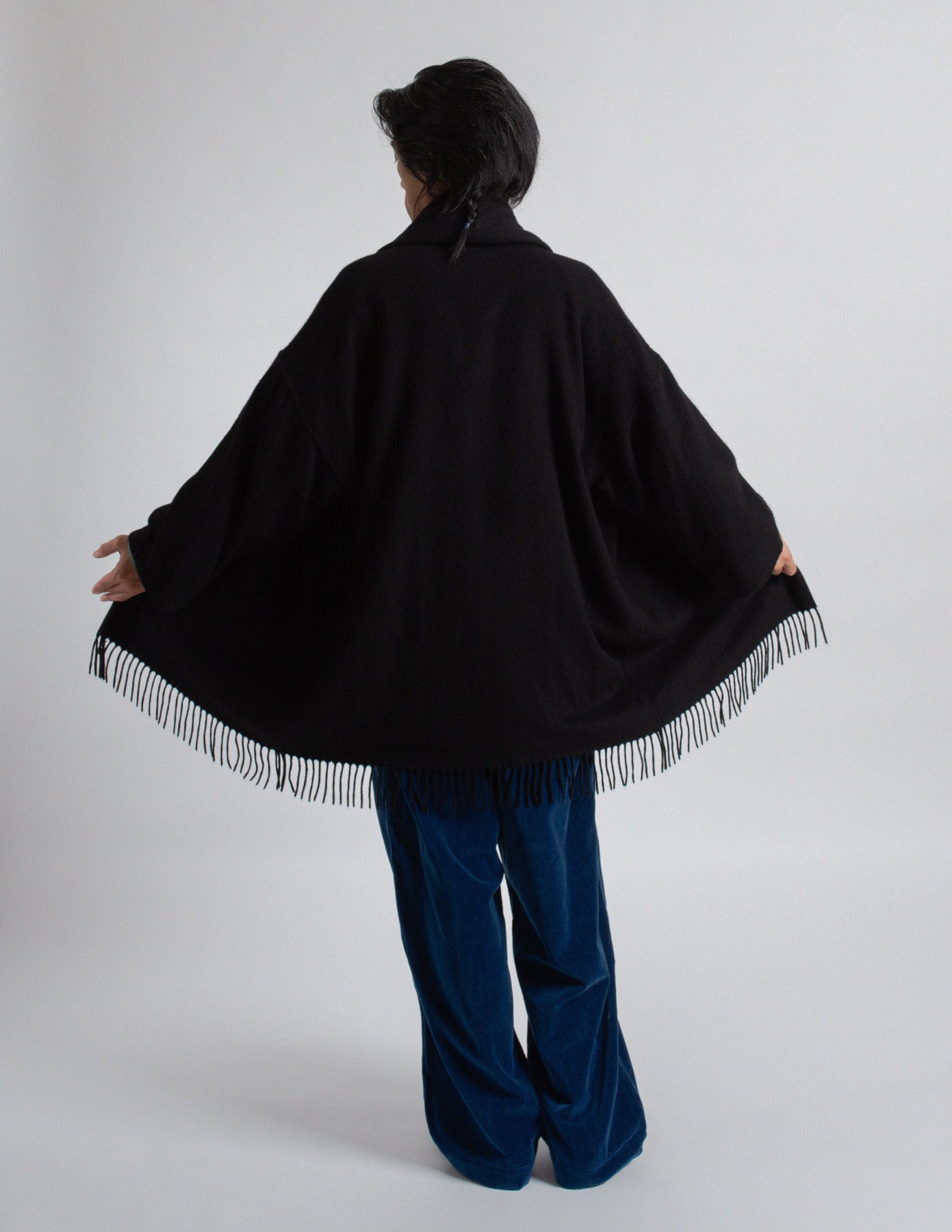 Salvatore Ferragamo vintage black cashmere fringe-trim cape coat with scarf back view