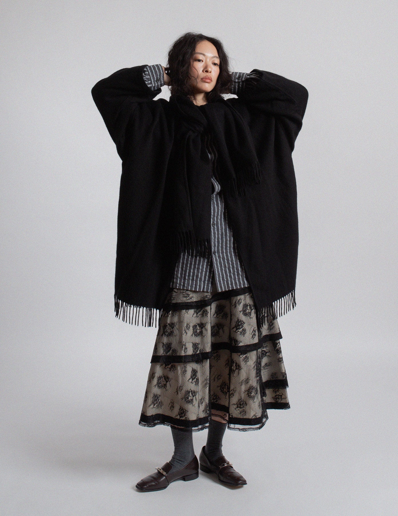 Salvatore Ferragamo vintage black cashmere fringe-trim cape coat with scarf