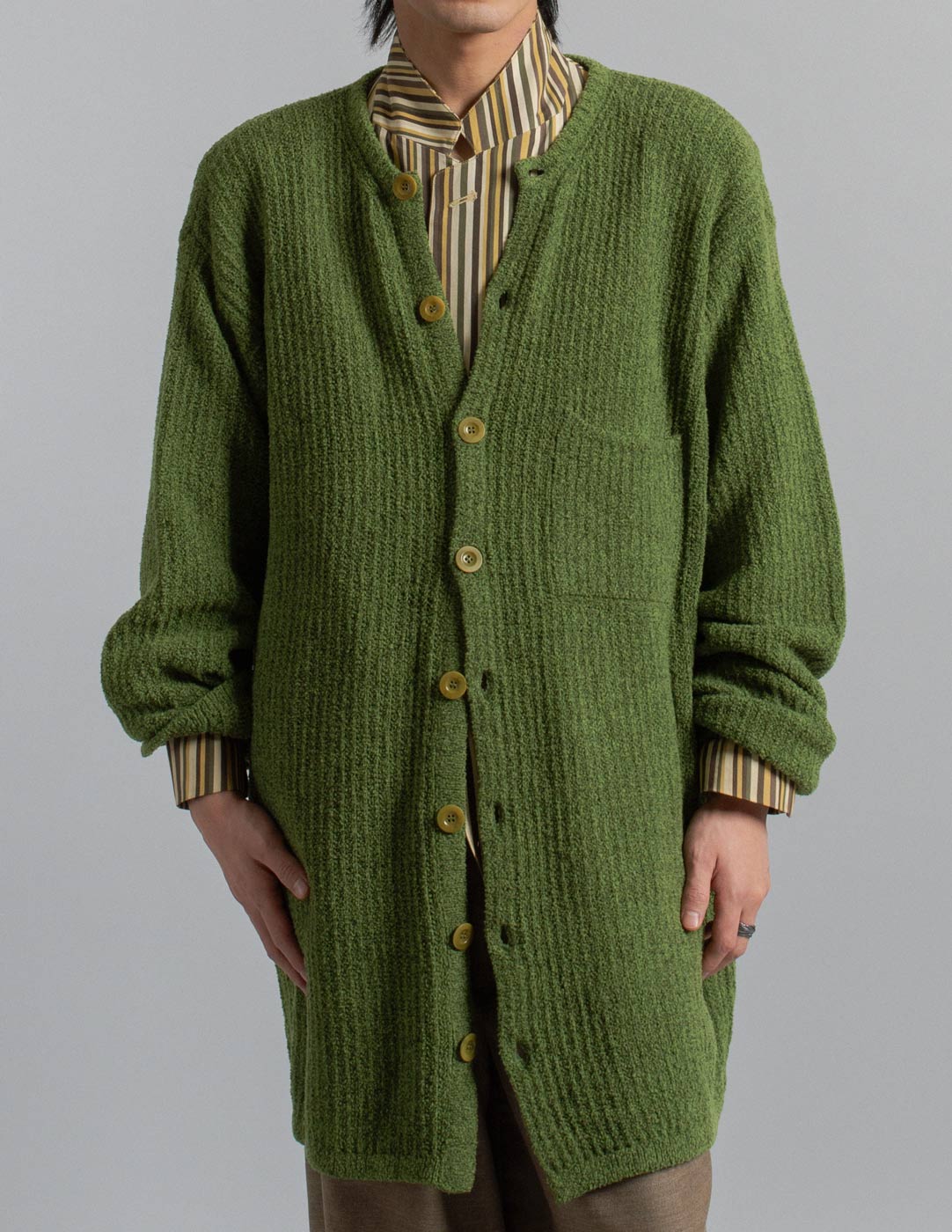 Giorgio Armani vintage moss green bouclé knit vest and cardigan set front detail