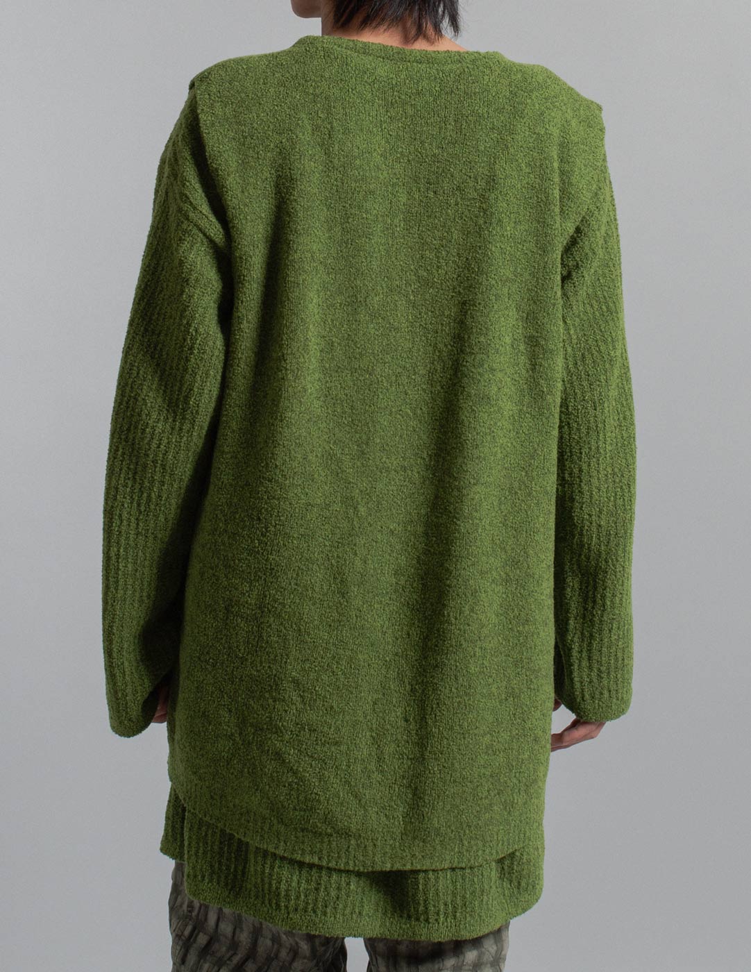 Giorgio Armani vintage moss green bouclé knit vest and cardigan set back detail