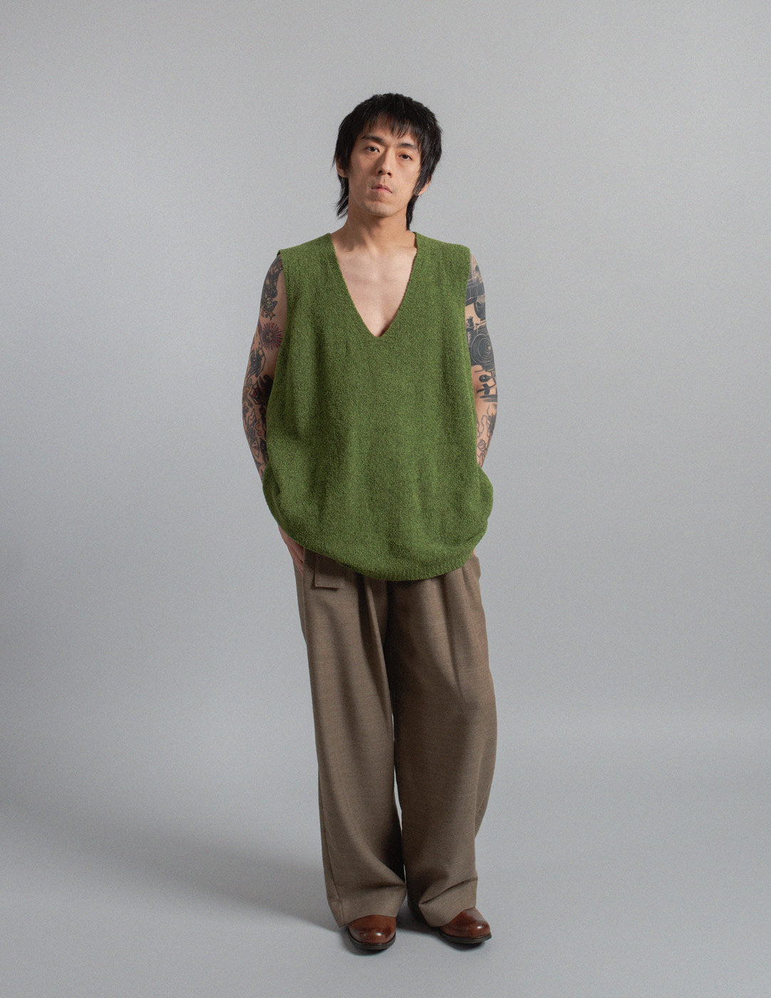 Giorgio Armani vintage moss green bouclé knit vest and cardigan set