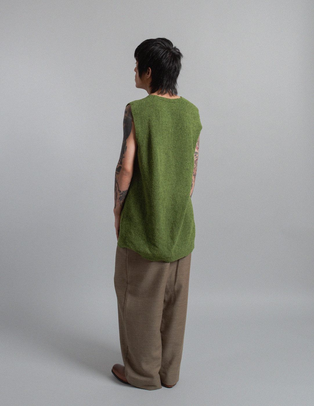 Giorgio Armani vintage moss green bouclé knit vest and cardigan set back view