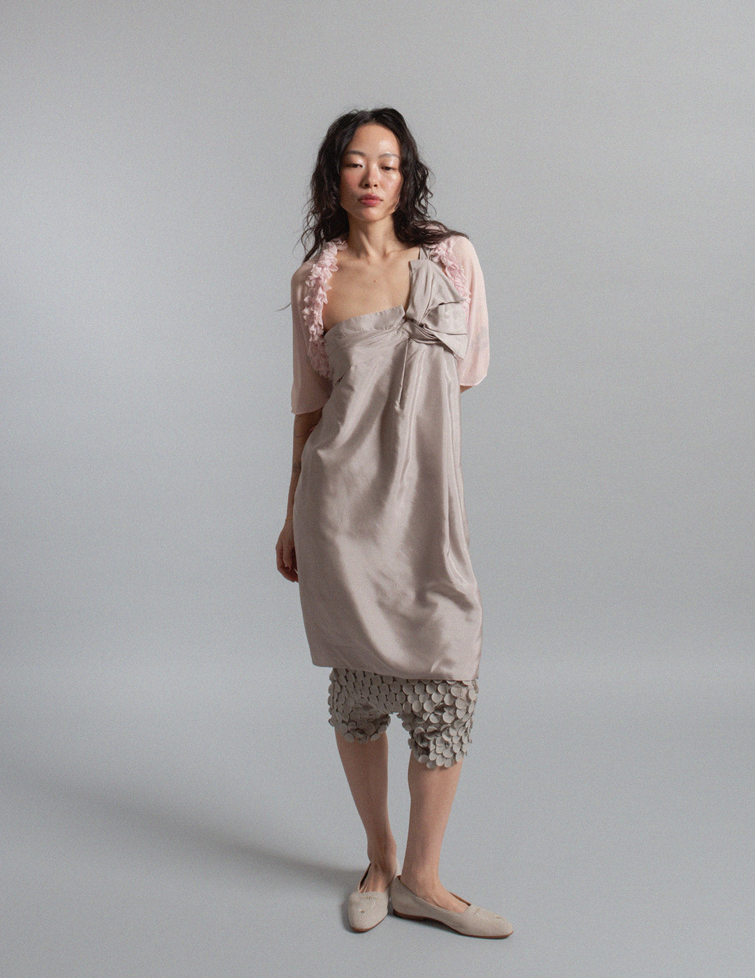 pearl gray silk bow dress
