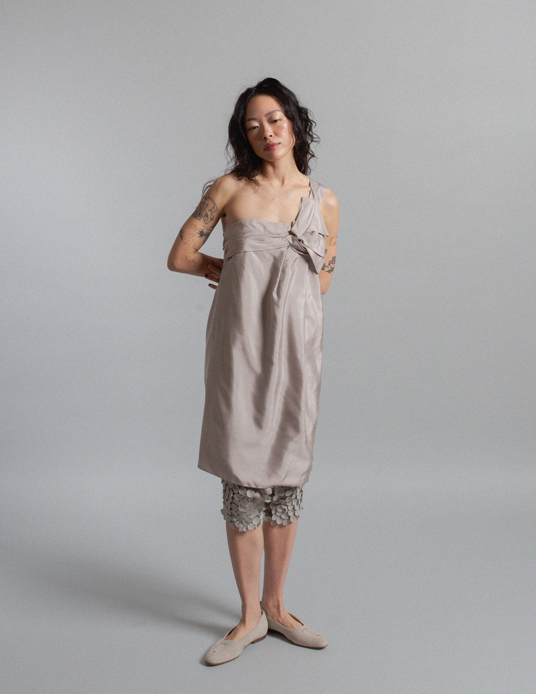 pearl gray silk bow dress