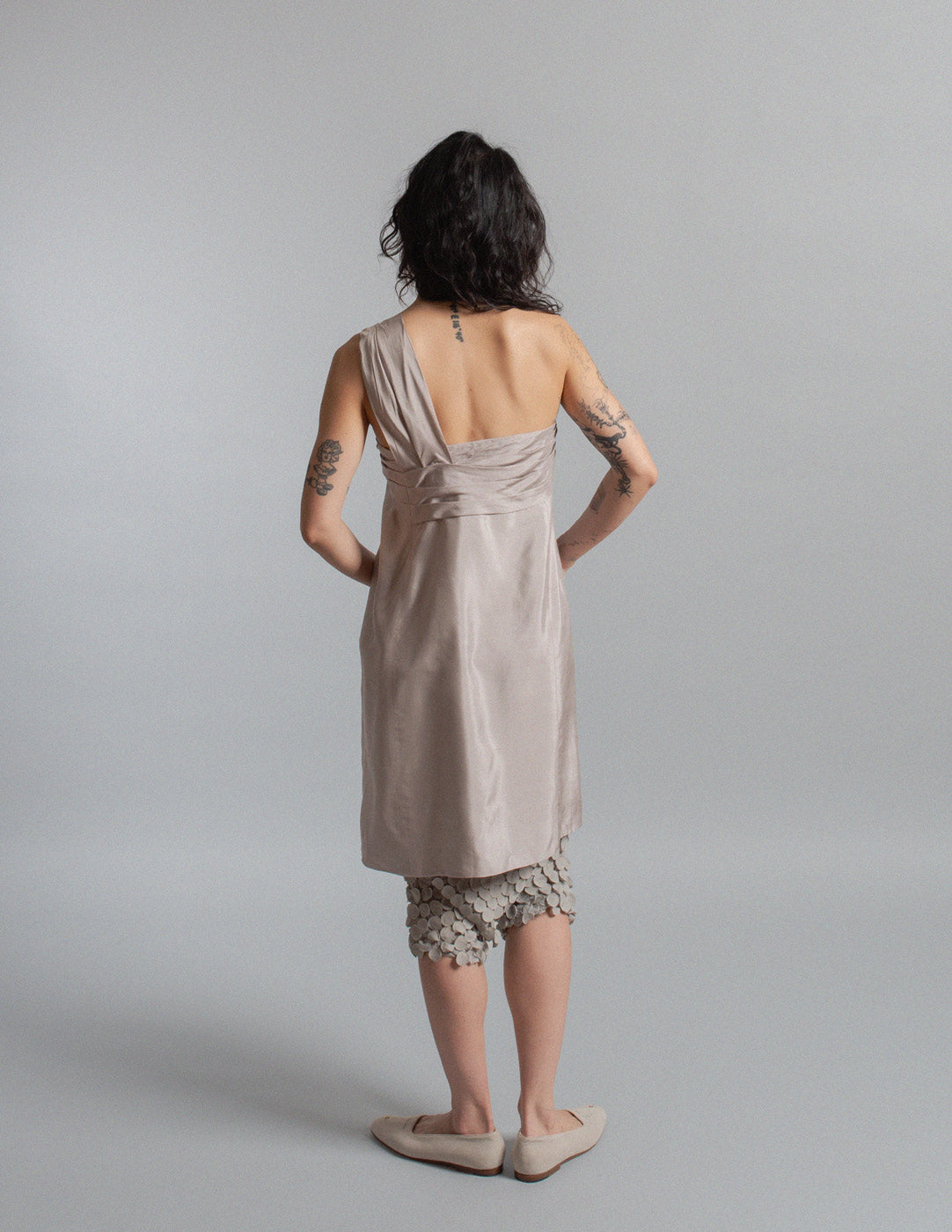pearl gray silk bow dress