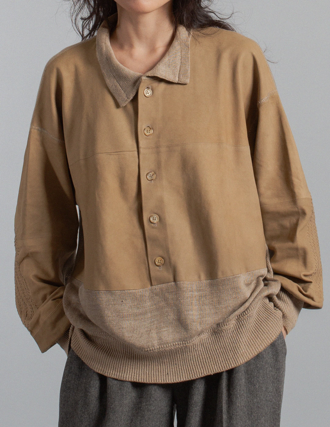 Gianfranco Ferré vintage leather and linen knit polo sweater front detail