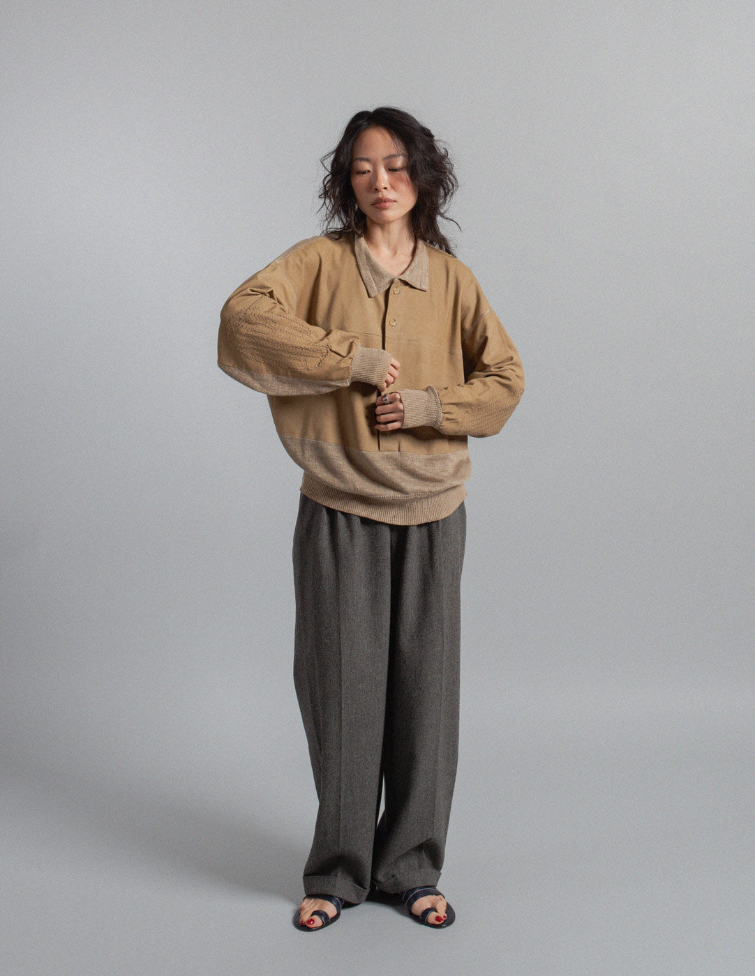 Gianfranco Ferré vintage leather and linen knit polo sweater