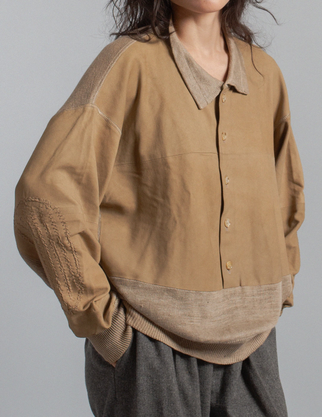 Gianfranco Ferré vintage leather and linen knit polo sweater front detail