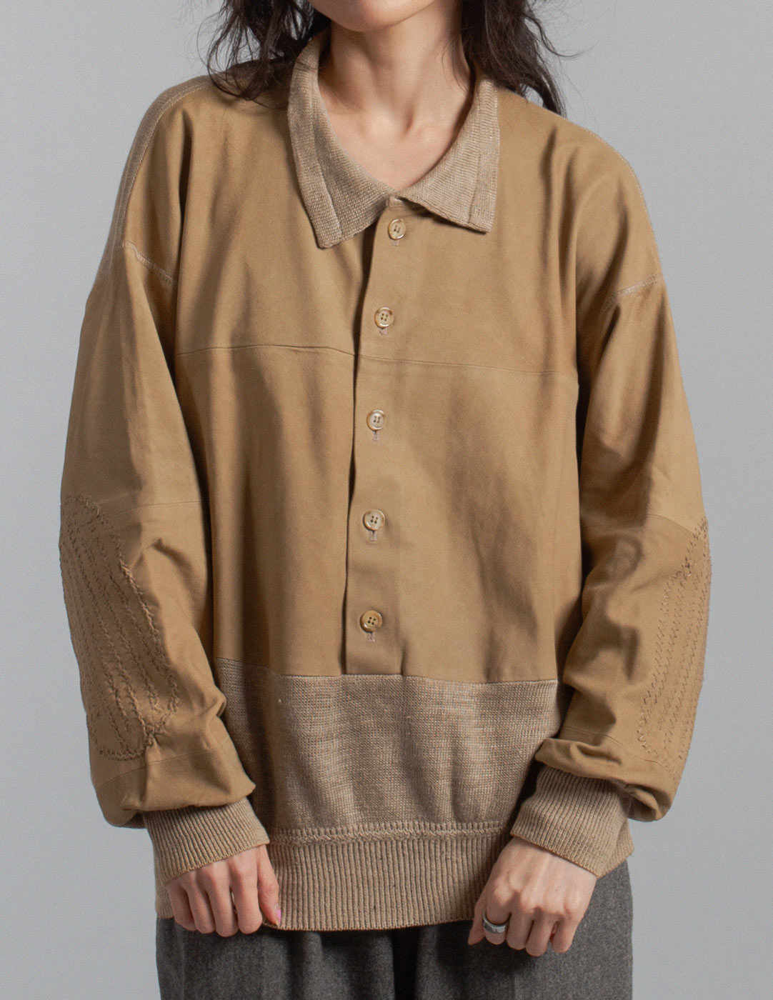 Gianfranco Ferré vintage leather and linen knit polo sweater detail