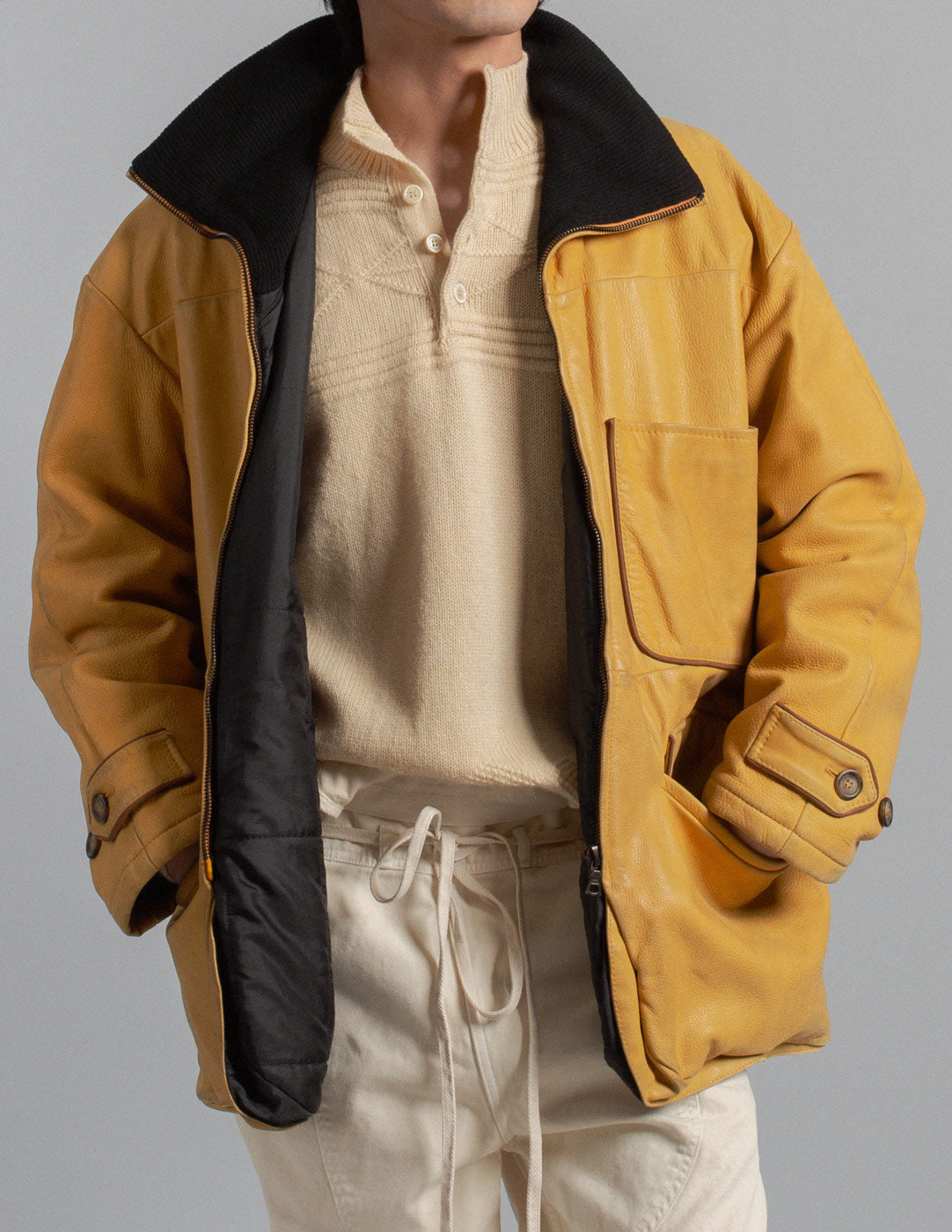 Gianfranco Ferré vintage honey mustard leather padded utility jacket open detail