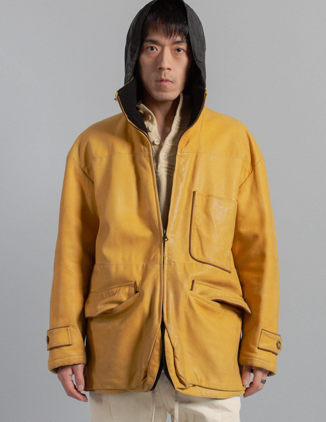 Gianfranco Ferré vintage honey mustard leather padded utility jacket front detail