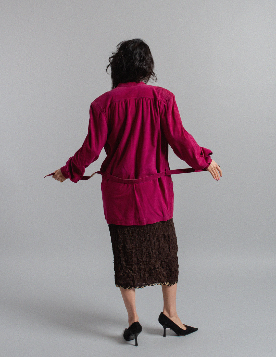 Gucci vintage magenta suede jacket with belt back view