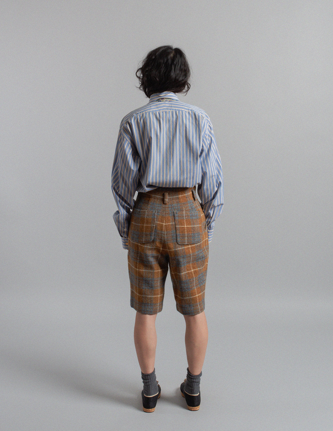 HAI Sporting Gear vintage high-waisted plaid wool shorts back view