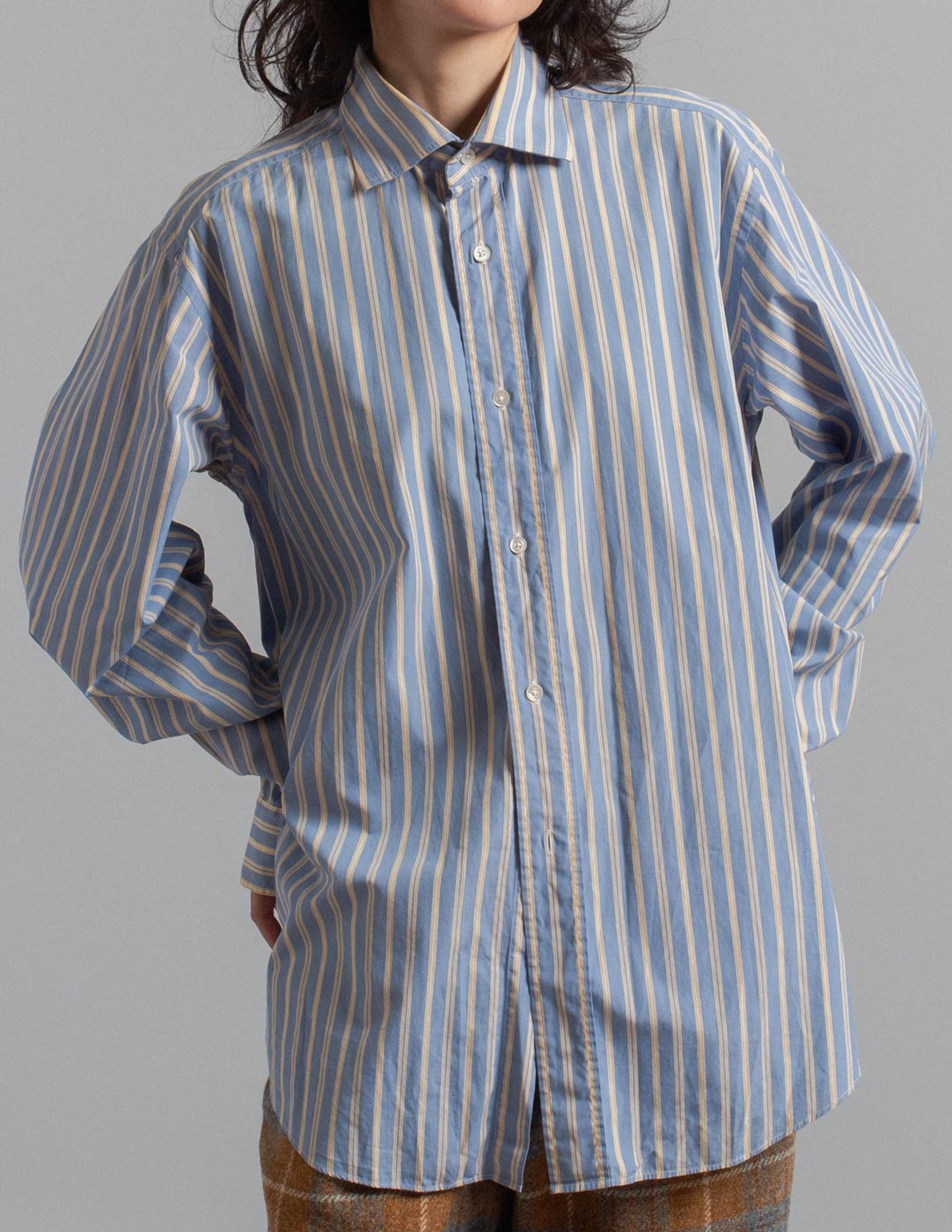 Hermès blue and yellow stripe cotton button-down shirt front detail