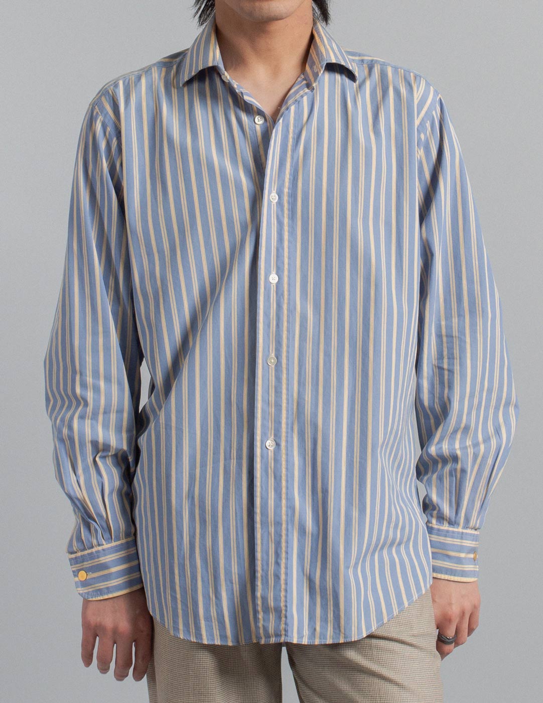 Hermès blue and yellow stripe cotton button-down shirt front detail