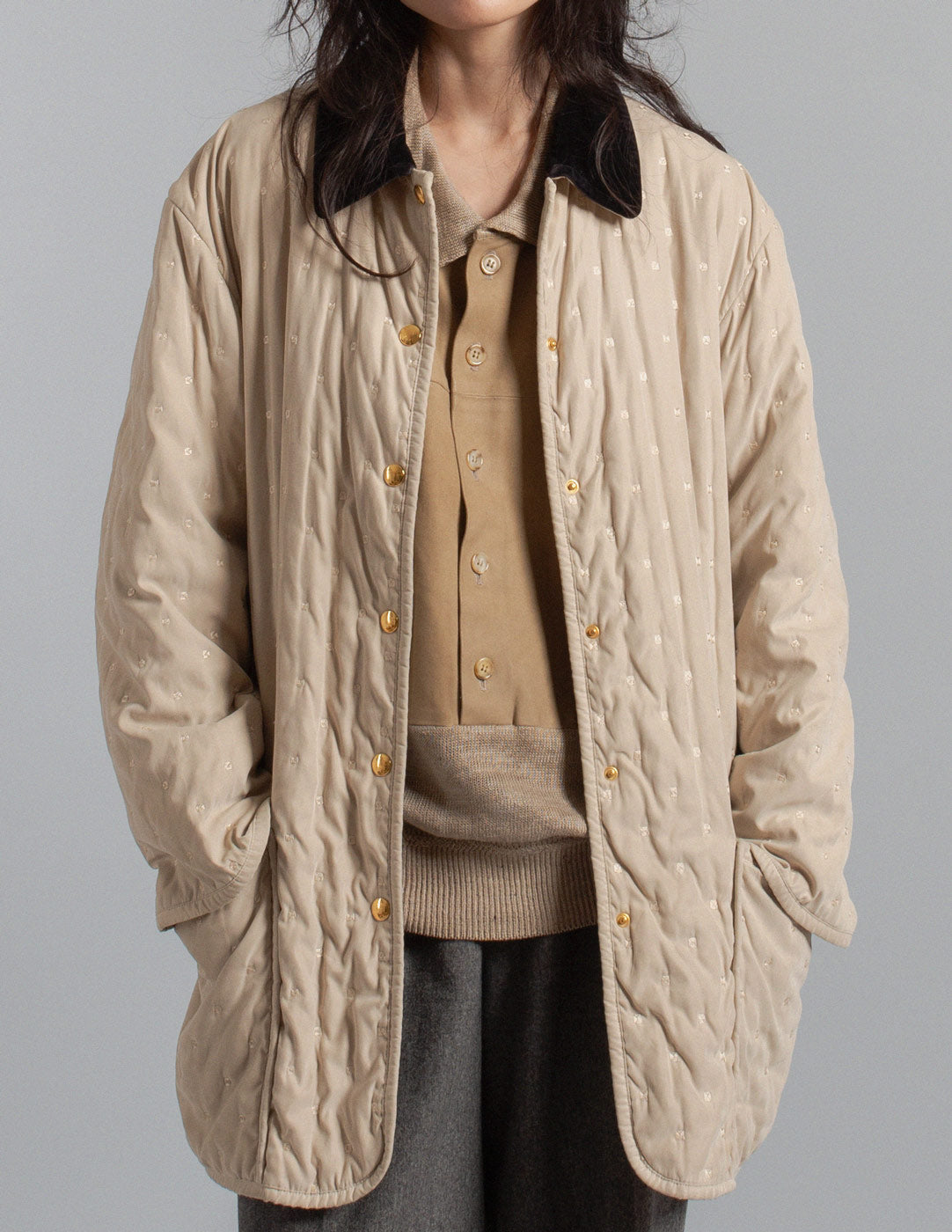 Hermès vintage cream quilted coat with black velvet collar detail