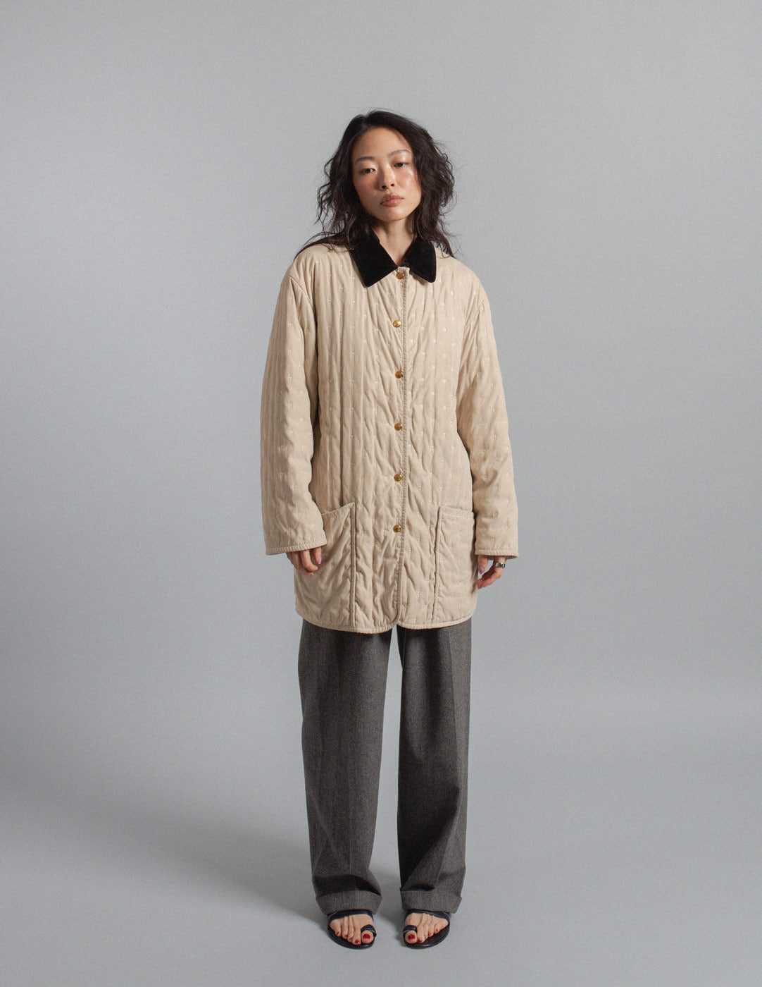 Hermès vintage cream quilted coat with black velvet collar