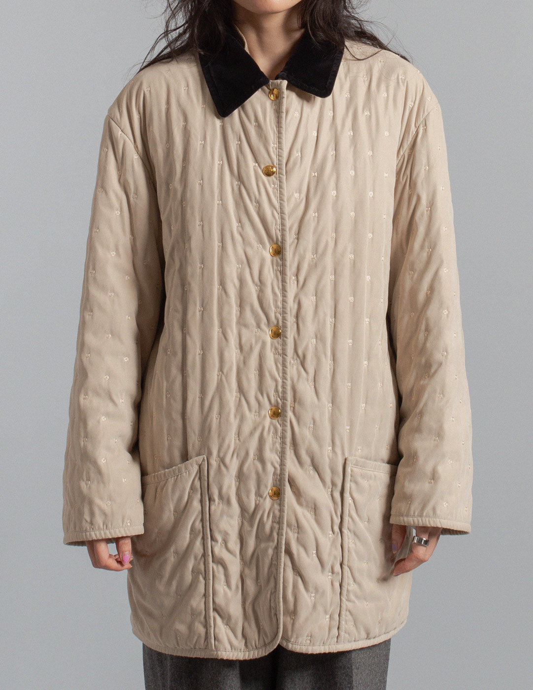 Hermès vintage cream quilted coat with black velvet collar front detail