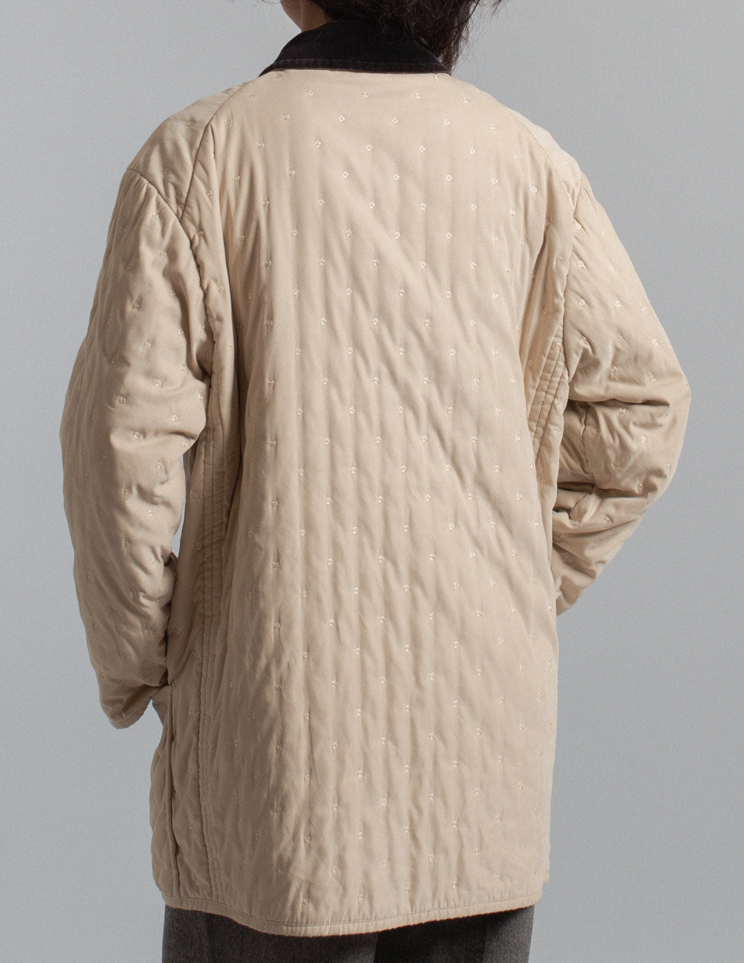 Hermès vintage cream quilted coat with black velvet collar back detail