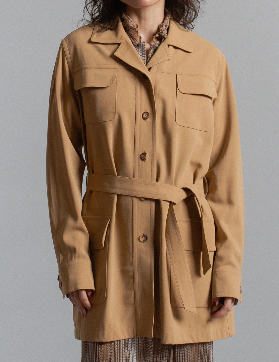Hermès vintage camel wool safari jacket with belt front detail