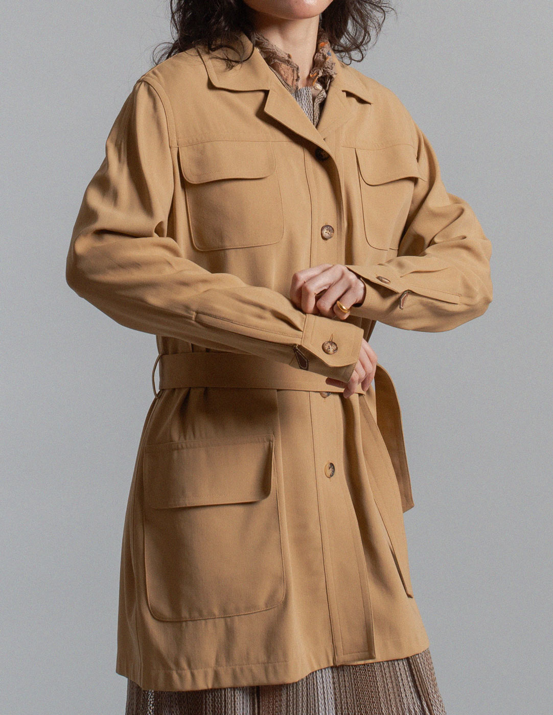 Hermès vintage camel wool safari jacket with belt detail