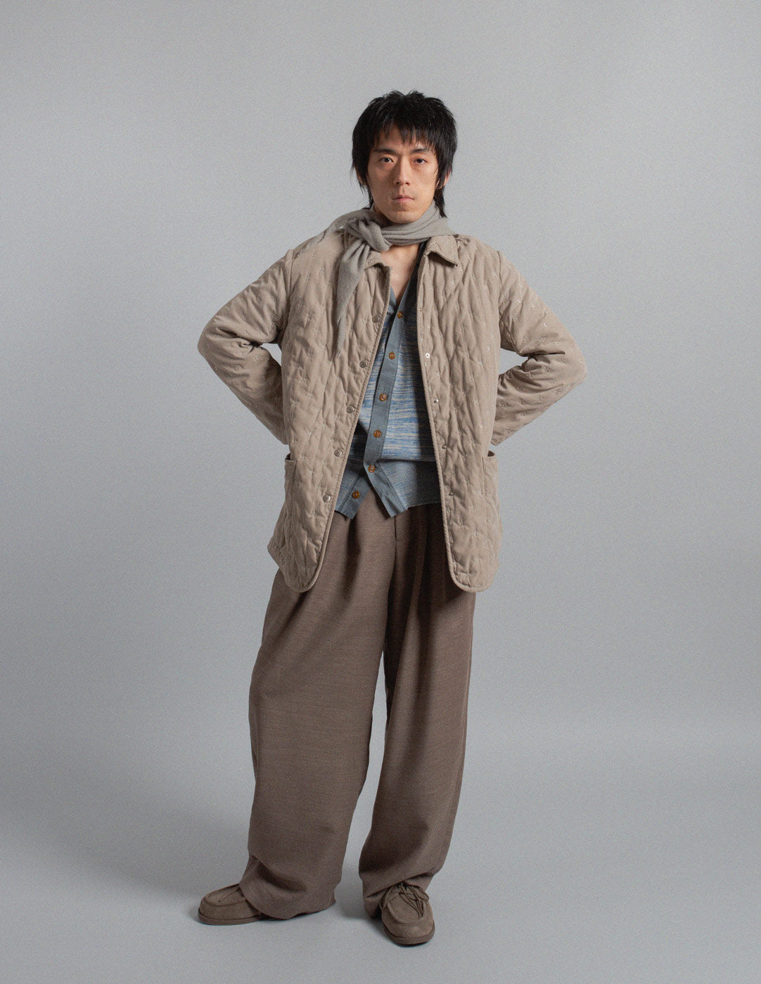 Hermès vintage warm gray quilted coat with embroidered motif