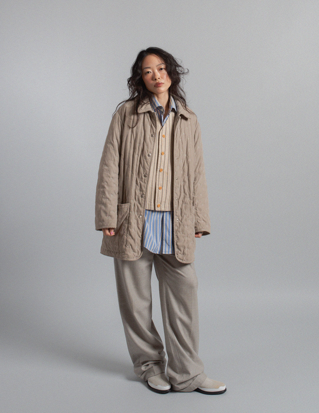 Hermès vintage warm gray quilted coat with embroidered motif