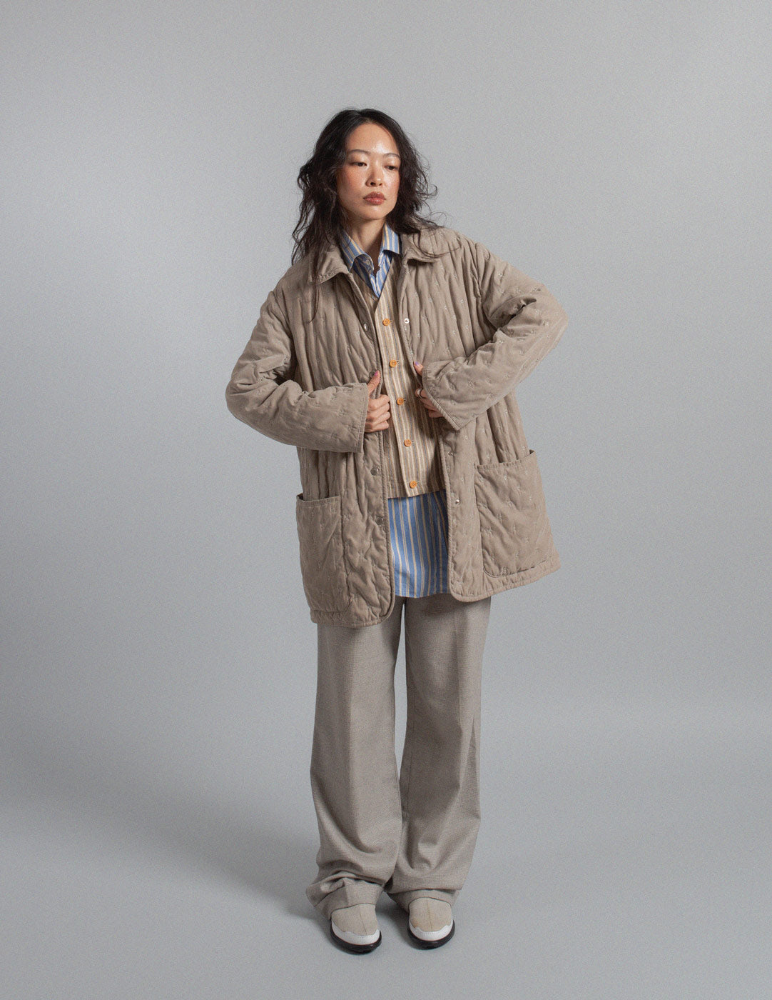 Hermès vintage warm gray quilted coat with embroidered motif