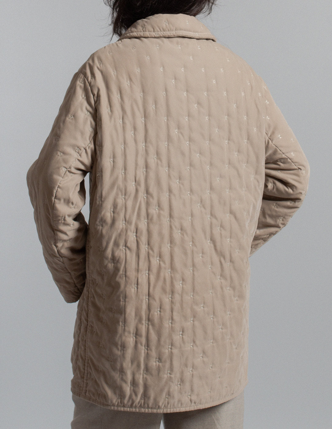 Hermès vintage warm gray quilted coat with embroidered motif back detail