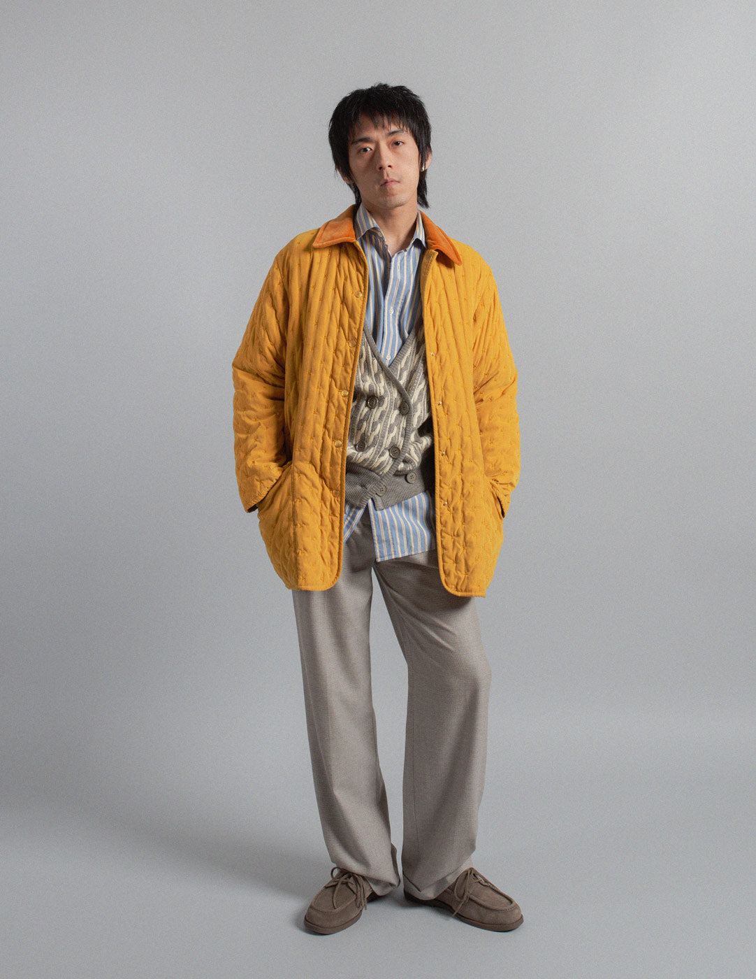 Hermès vintage marigold quilted coat with contrasting velvet collar