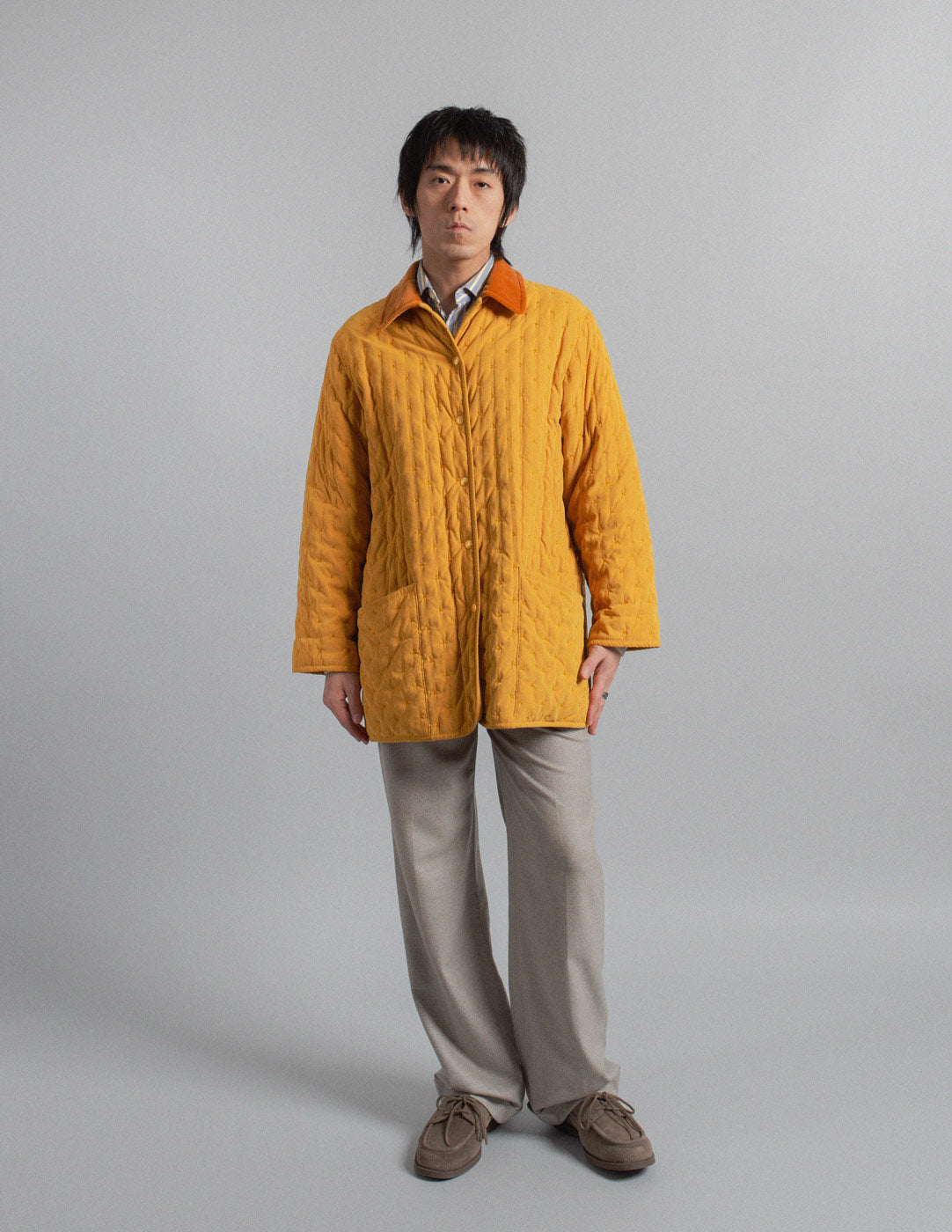 Hermès vintage marigold quilted coat with contrasting velvet collar